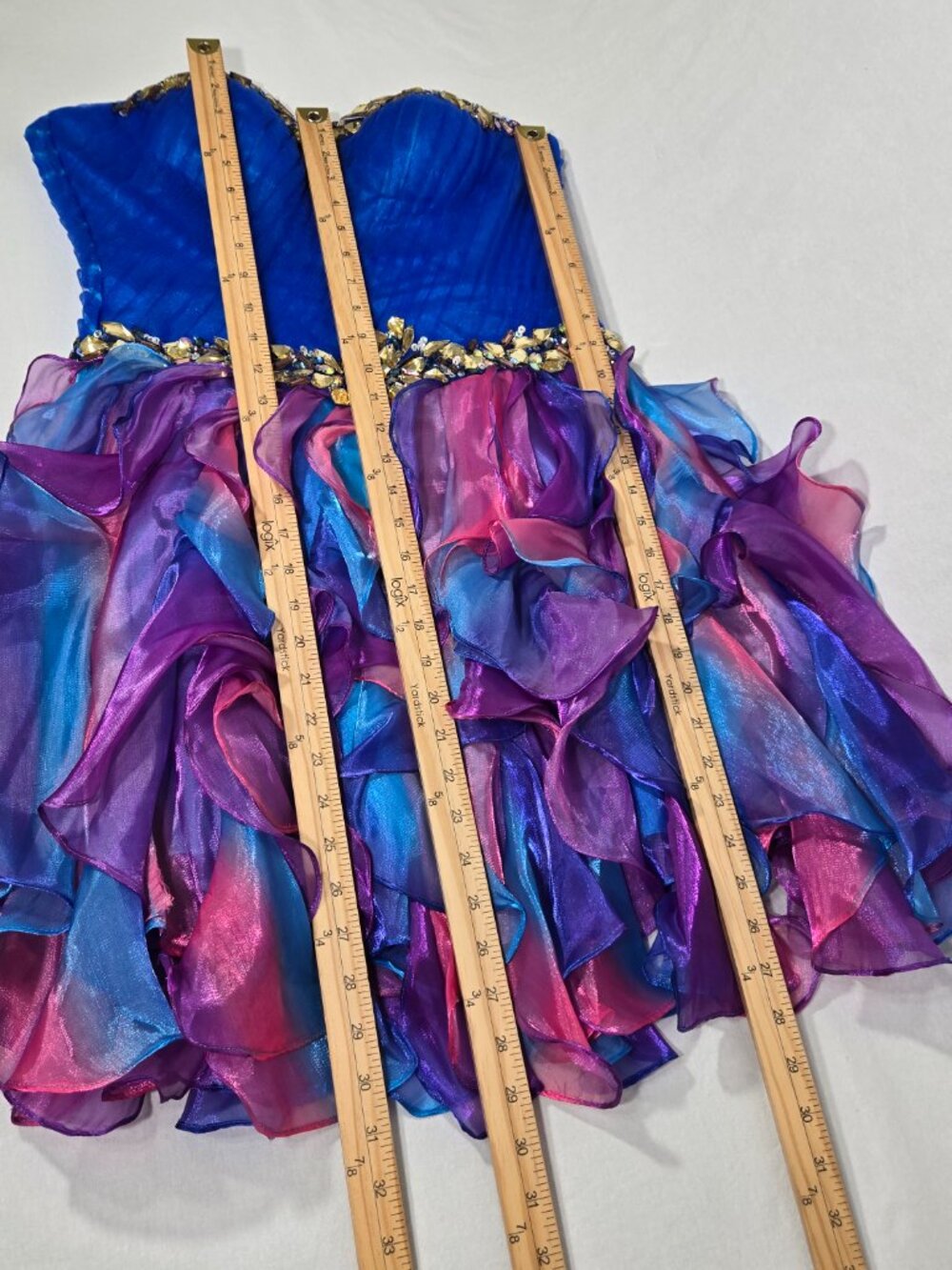 Y2K Vintage PRECIOUS FORMALS Blue-Ombre Strapless Ruffles Mini DRESS Size 8-12. - Picture 15 of 17